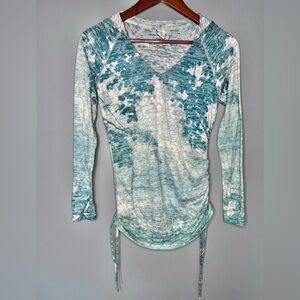Kuhl Teal and White Abstract Hooded Top With Ruched Sides | Size XS